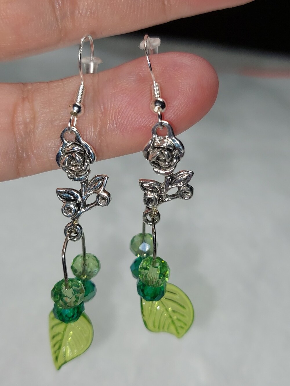 Silvertone Rose and Green Leaf Dangle Earrings